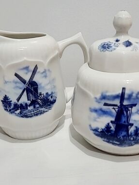 Vintage Delft Blue Holland Windmill Creamer & Sugar Bowl Set